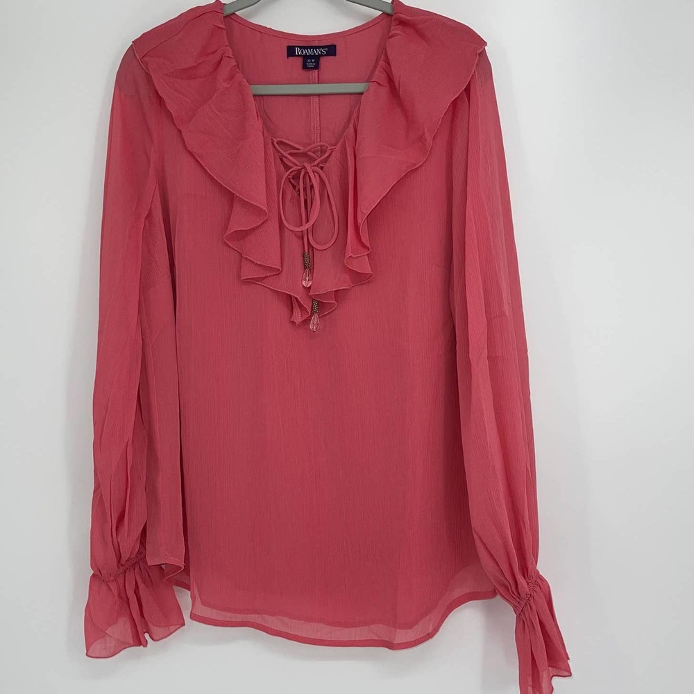 ROAMAN’S CORAL RUFFLED LIGHTWEIGHT PULLOVER BLOUSE SIZE 12W